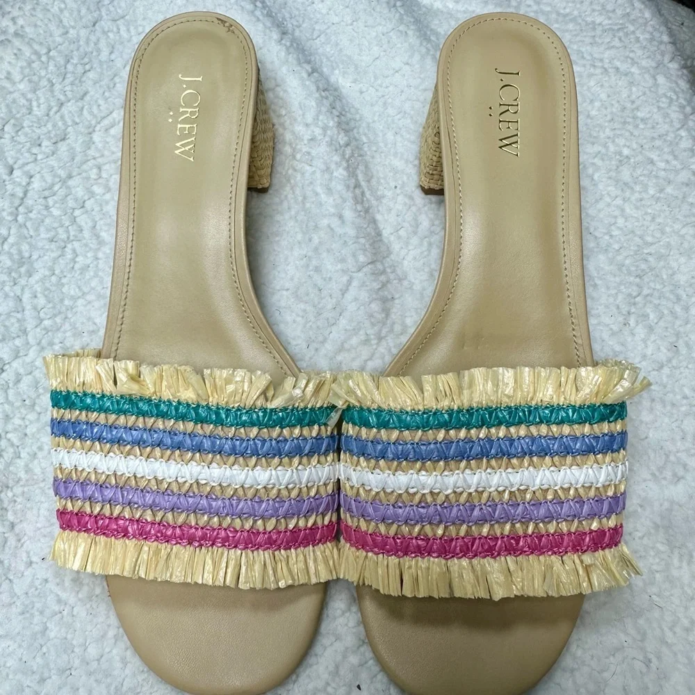 J.Crew Rainbow Raffia Woven Mule Block Heels Size 10
